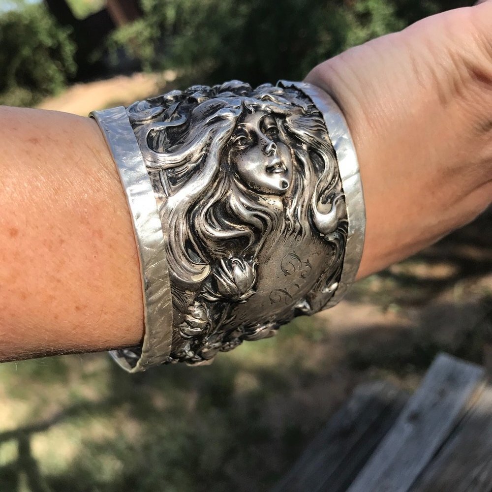 Antique Art Nouveau American Beauty Sterling Silver 925 Cuff Bracelet Lady Face - Picture 11 of 13